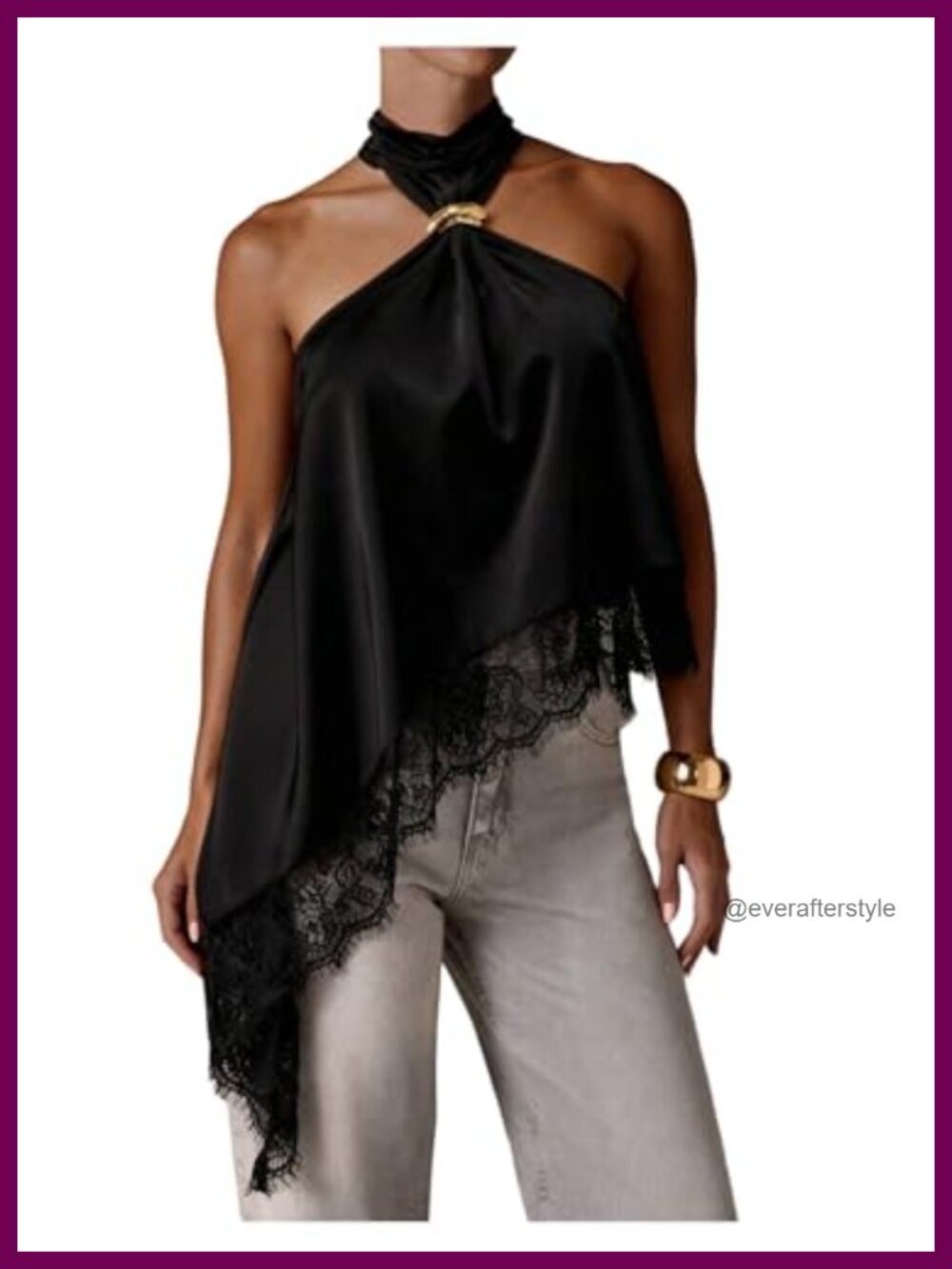 Lace Satin Halter Top Y2K Metal Asymmetrical Party Club Top